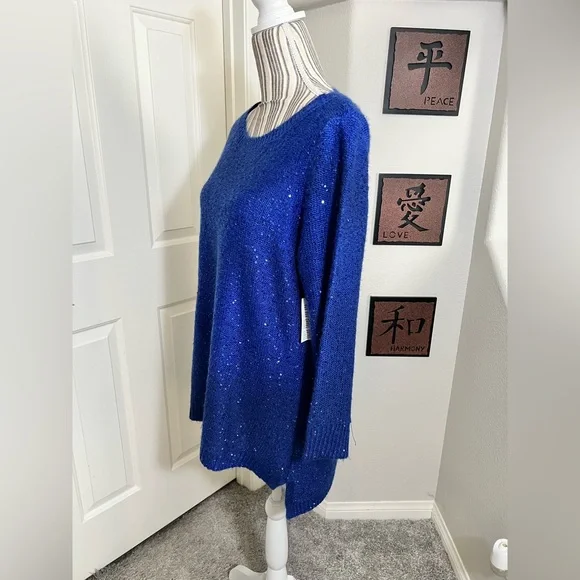 ANN KLEIN NWT $89 blue glitter knitted scoopneck hi-low sweater/dress XL - Picture 3 of 10